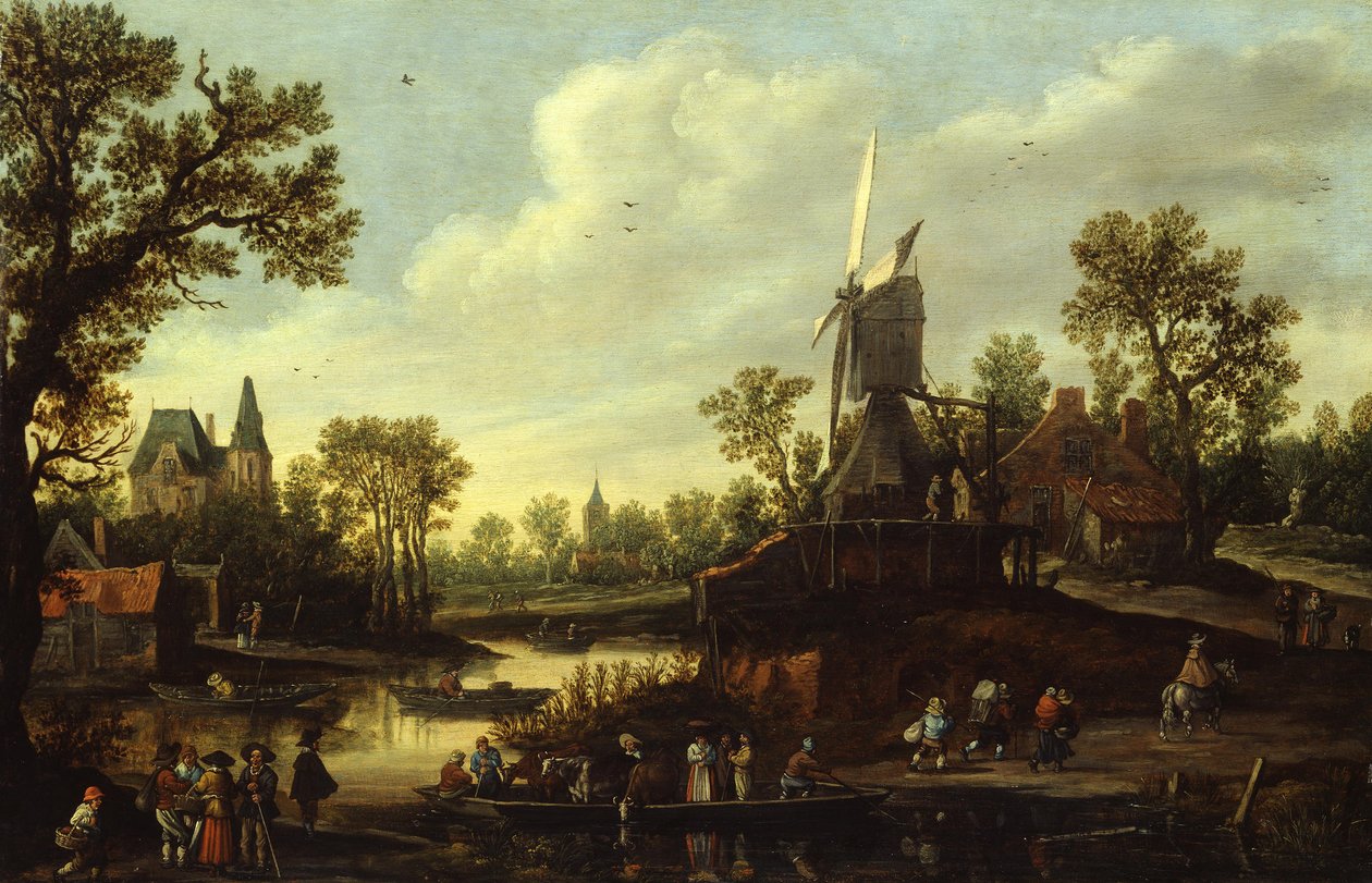 Saksa: Flusslandschaft mit Fähre Jokimaisema lautan kanssa tekijältä Jan van Goyen