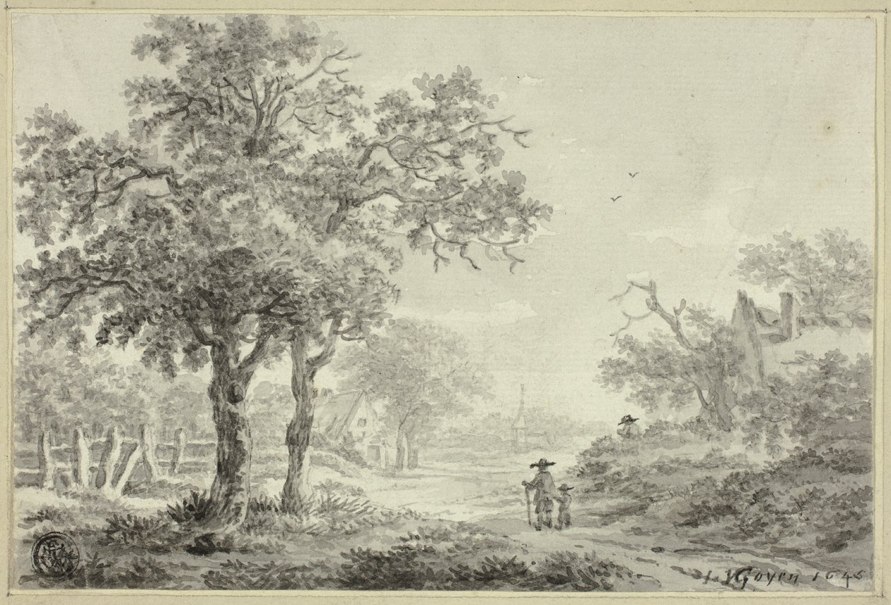 Mies ja poika kävelevät kylän tiellä tekijältä Jan van Goyen