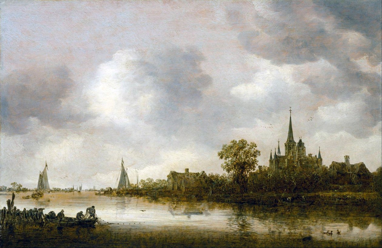 Jokimaisema, jossa kirkko kaukana tekijältä Jan van Goyen