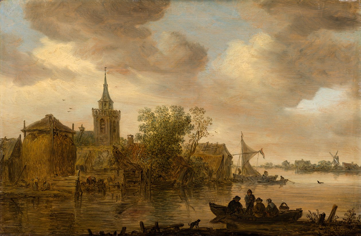 Näkymä joelle, jossa näkyy kirkko ja maalaistalo tekijältä Jan van Goyen