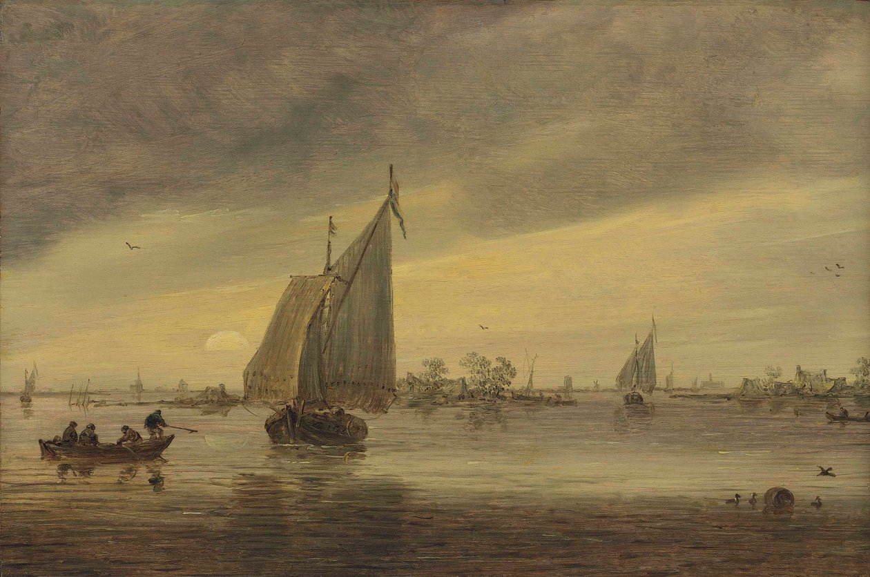 Auringonnousu Haarlemmermeerin yllä, jossa on laiva ja muita veneitä. tekijältä Jan van Goyen