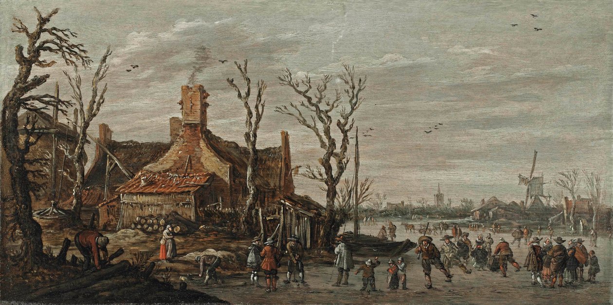 Talvimaisema, jossa hahmoja jäällä mökin lähellä tekijältä Jan van Goyen