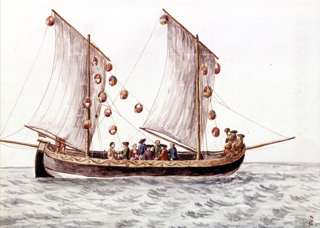 Venetsialainen trabakki lyhtyillä, matalissa vesissä, kuten Adrianmerellä, käytetty kalastusvene, akvarellipiirros ja mustetta Jan van Grevenbroeckin (tai Giovanni Grevembrochin (Grevenbroch) (1731-1807)) käsikirjoituksesta ""Venitsialaisten tulli"" tekijältä Jan van Grevenbroeck