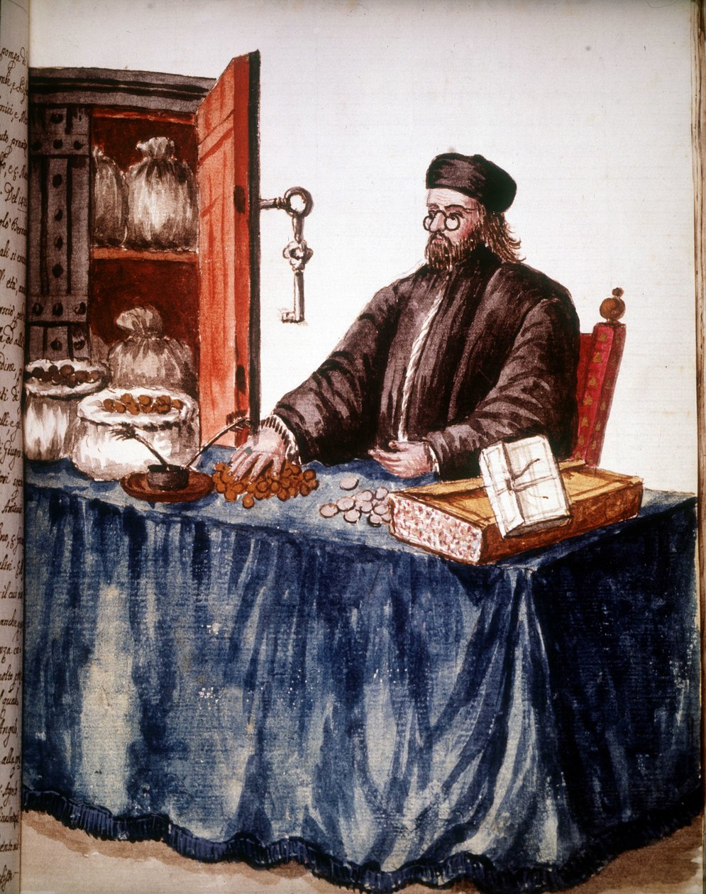 Pankkiiri Venetsiassa. Akvarellipiirros ja muste Jan van Grevenbroekin (tohtori Giovanni Grevenbroich (Grevenbroich) (1731-1807) käsikirjoituksesta "Venitsialaisten tulli") tekijältä Jan van Grevenbroeck