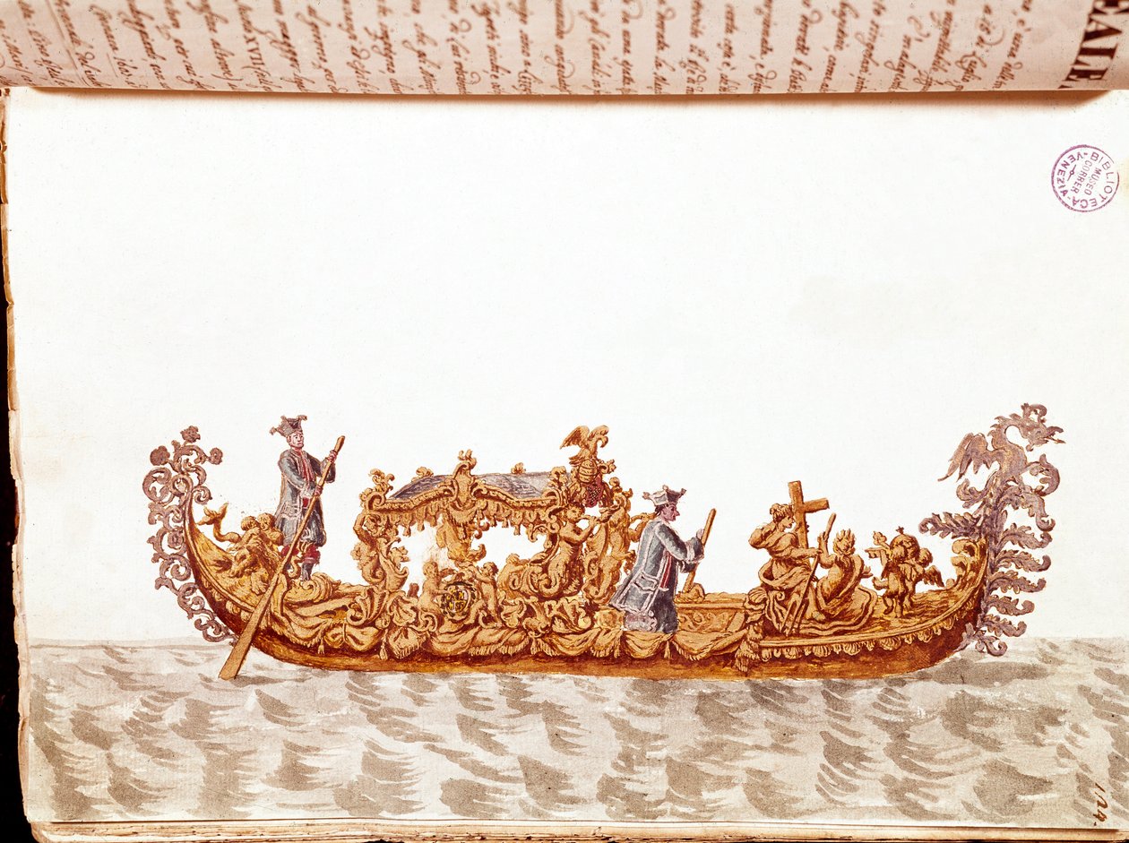 Kuninkaallinen gondoli - Akvarellipiirros ja muste Jan van Grevenbroekin (tai Giovanni Grevenbroichin (Grevenbroich) (1731-1807) käsikirjoituksesta "Venitsialaisten tulli") tekijältä Jan van Grevenbroeck