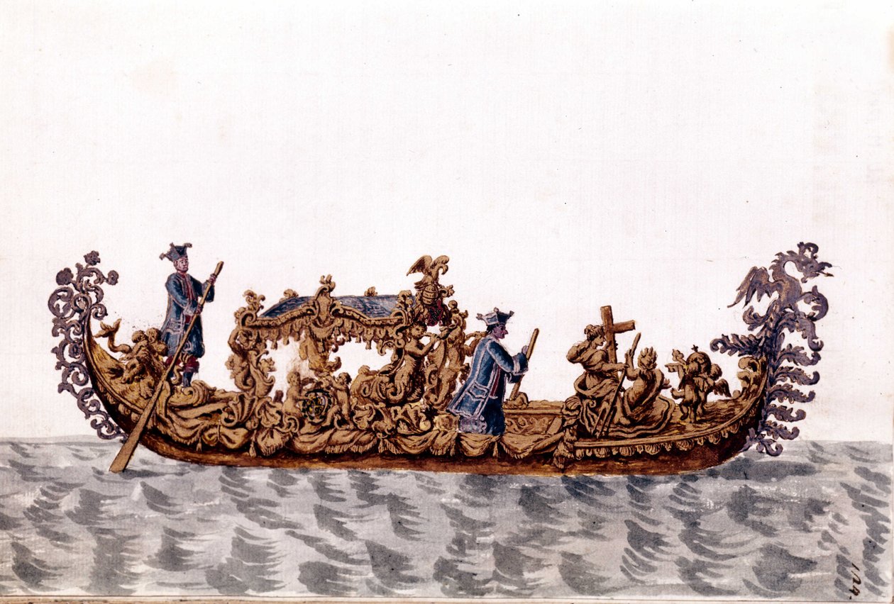 Kuninkaallinen gondoli. Akvarellipiirustus ja muste Jan van Grevenbroekin (tai Giovanni Grevenbroichin (Grevenbroich) (1731-1807) käsikirjoituksesta "Venitsialaisten tulli") tekijältä Jan van Grevenbroeck
