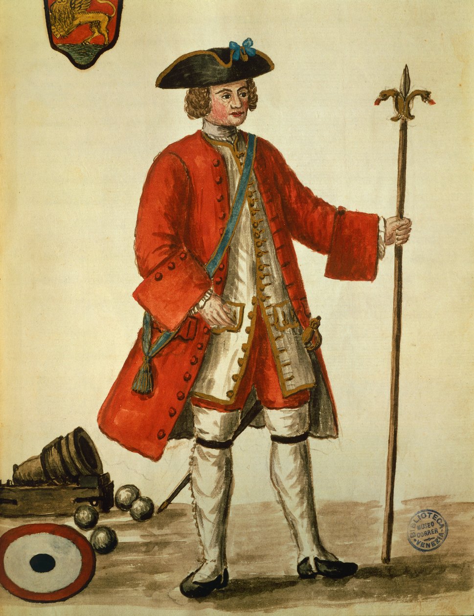 Venetsian laivaston tykistömies univormussa, otettu Giovanni di Grevembrochin (1731-1807) Venicesien puvuista Akvarelli tekijältä Jan van Grevenbroeck