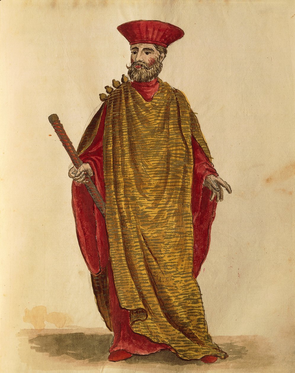 Capitano Generale Da Mar (laivaston kapteeni) Serenissiman tasavallasta Venetsiassa, kirjoittanut Jan van Grevenbroeck tai Giovanni Grevembroch (1731-1807), Gli Donne de Veneziani, kuvitetusta pukukirjasta, akvarelli tekijältä Jan van Grevenbroeck