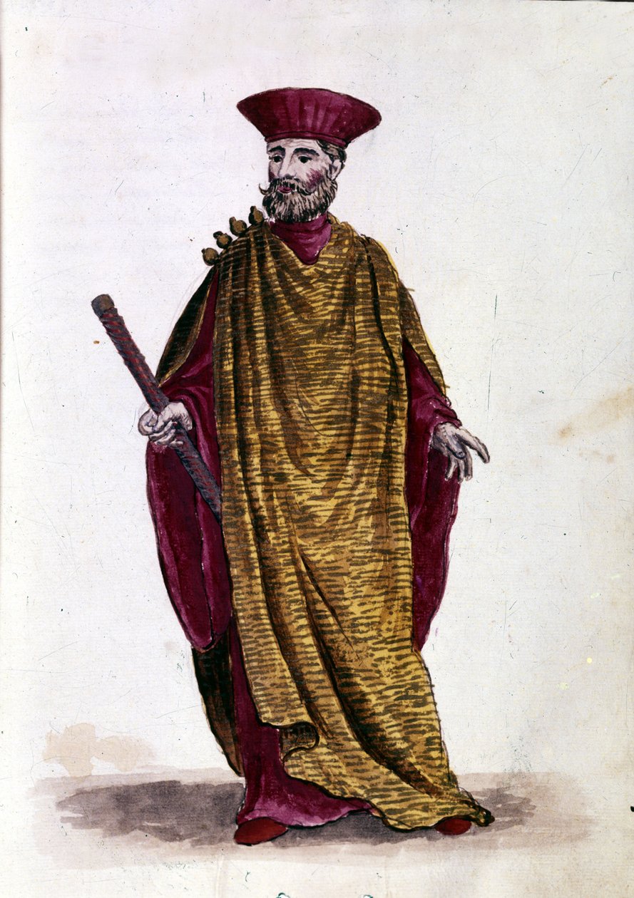 Meren kapteeni: Venetsian tasavallan sotilasvoimien upseeri. Akvarellipiirros ja muste Jan van Grevenbroeckin (tai Giovanni Grevembrochin (Grevenbroch) (1731-1807) käsikirjoituksesta "Venitsialaisten tulli") tekijältä Jan van Grevenbroeck