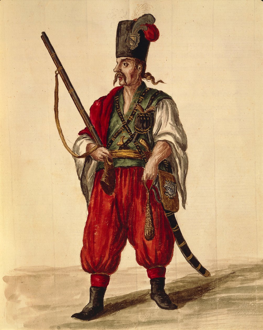 Karabiinipuku, Jan van Grevenbroeck tai Giovanni Grevembroch (1731-1807), Gli Donne de Veneziani, kuvitetusta pukukirjasta, akvarelli tekijältä Jan van Grevenbroeck