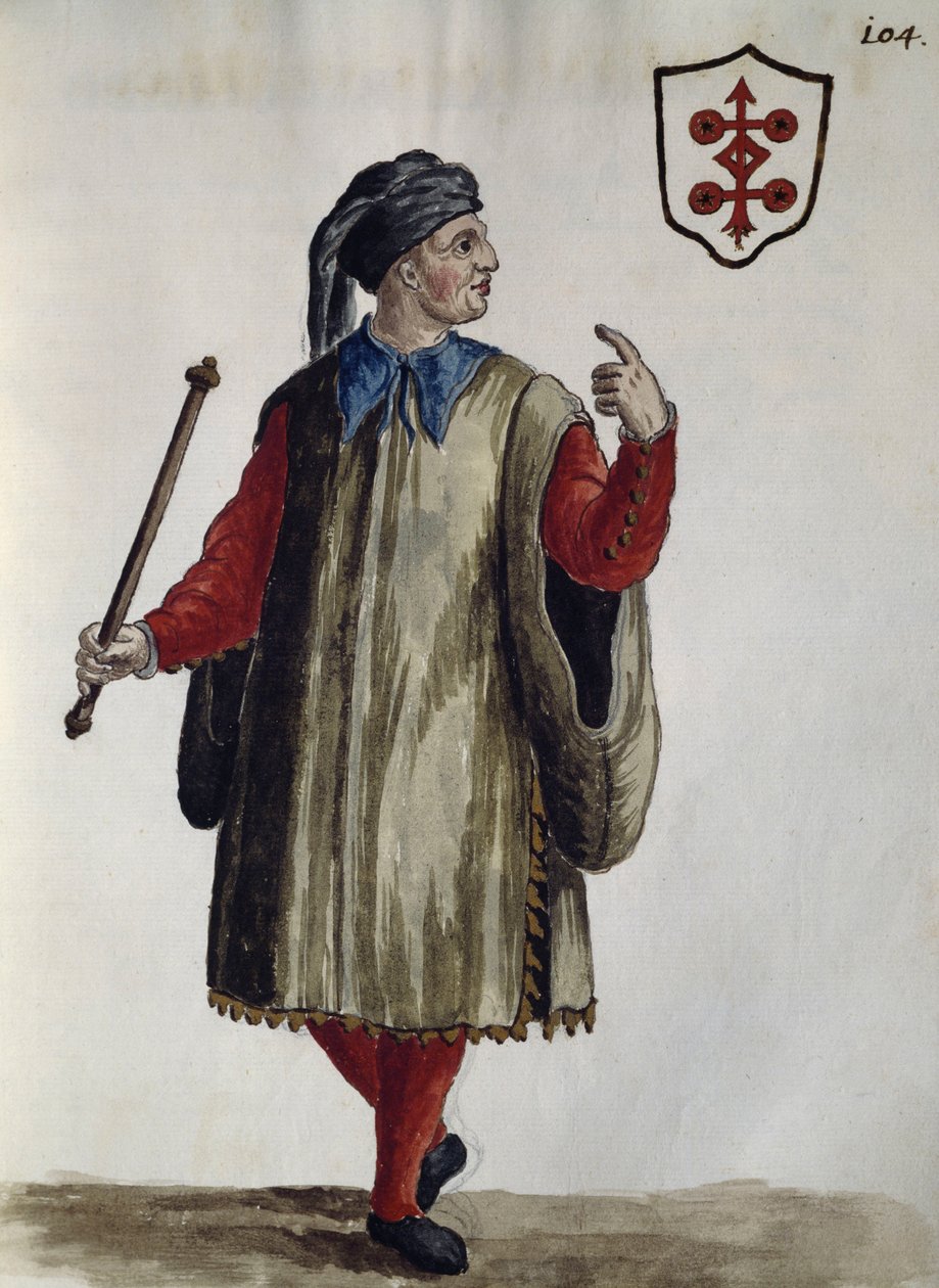 Carrarese-mekko, akvarelli Venetsialaisista vaatteista, lähes kaiken ikäisenä ahkerasti kerätty ja maalattu 1700-luvulla, Jan van Grevenbroek tai Giovanni Grevenbroich (1731-1807), Italia tekijältä Jan van Grevenbroeck