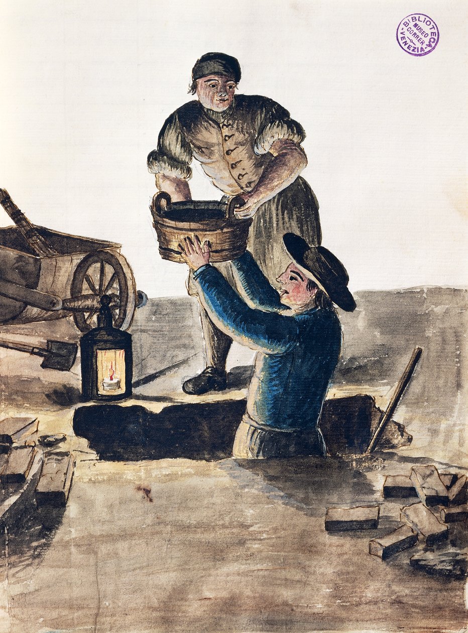 Julkisen viemärin puhdistus, kuvitus Kuvitetusta venetsialaisten pukukirjasta, Jan Grevenbroeck (1731-1807), akvarelli, Italia tekijältä Jan van Grevenbroeck