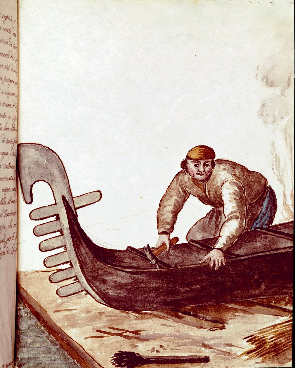 Käsityöt: gondolien valmistaja Vesiväripiirustus ja mustetta Jan van Grevenbroeckin (tai Giovanni Grevembrochin (Grevenbroch) (1731-1807) käsikirjoituksesta) tekijältä Jan van Grevenbroeck