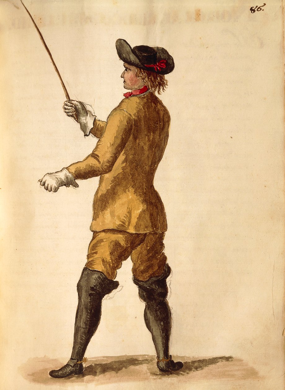 Herrasmies ratsastusasussa, Jan van Grevenbroeck tai Giovanni Grevembroch (1731-1807), Gli Donne de Veneziani, kuvitetusta pukukirjasta, akvarelli tekijältä Jan van Grevenbroeck