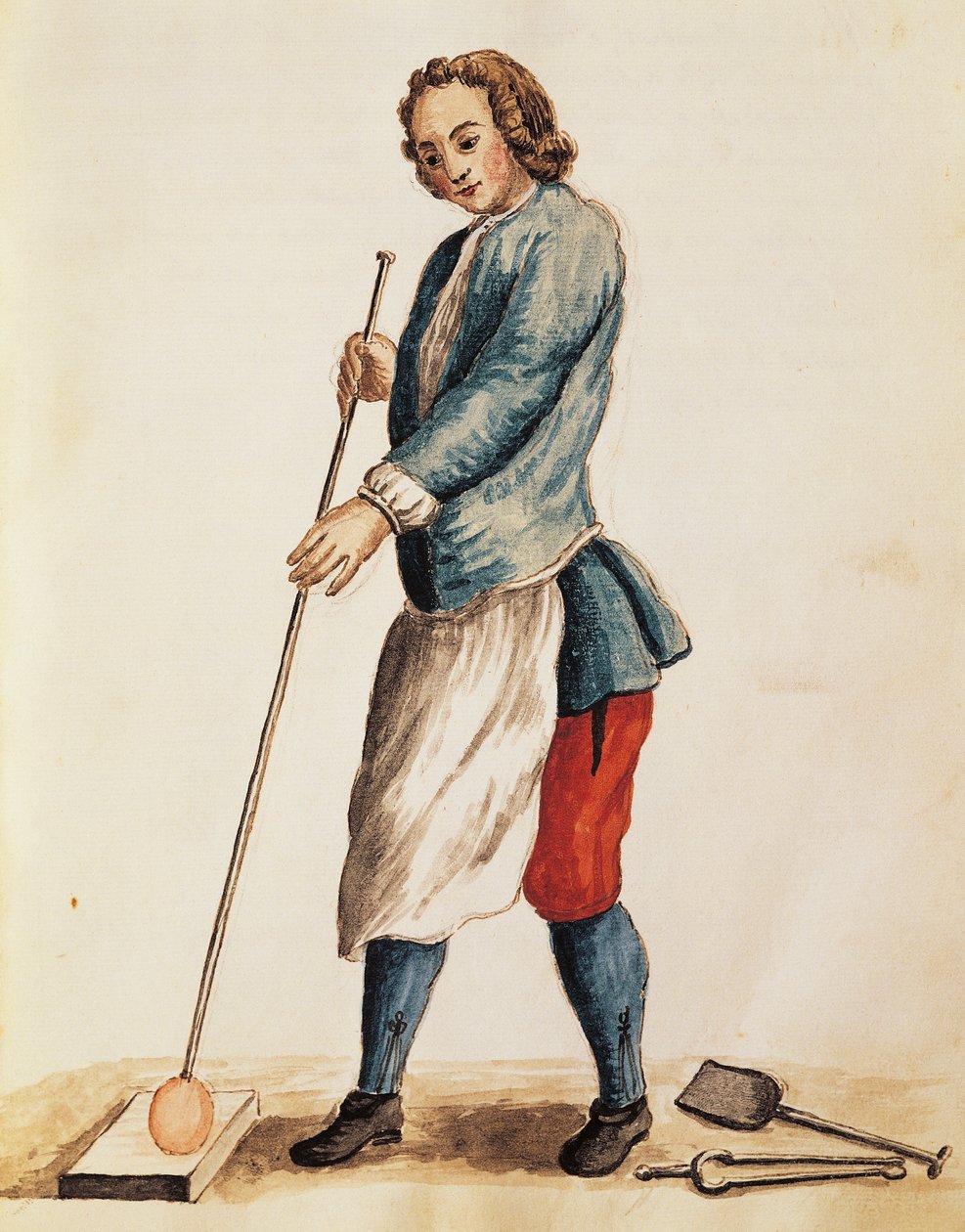 Muranon lasista valmistettu lasinpuhallin, kuvitus kuvitetusta venetsialaisten pukujen kirjasta, kirjoittanut Jan Grevenbroeck (1731-1807), akvarelli, Italia tekijältä Jan van Grevenbroeck