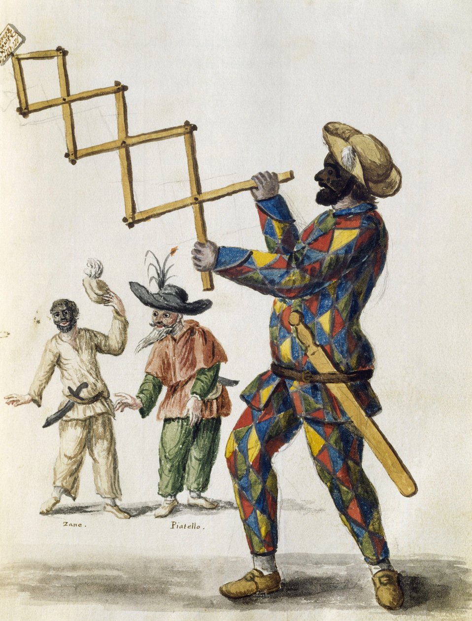 Harlekiini, akvarelli Venetsialaisista vaatteista, lähes kaiken ikäisenä ahkerasti kerätty ja maalattu 1700-luvulla, Jan van Grevenbroeck tai Giovanni Grevembroch (1731-1807), Italia tekijältä Jan van Grevenbroeck