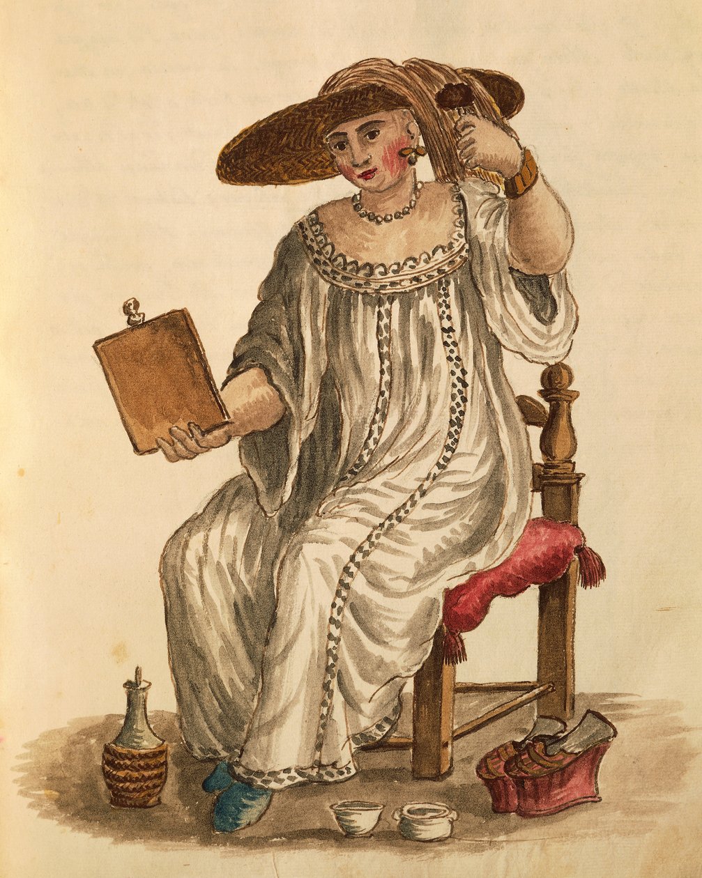 Nainen meikkaamassa, kirjoittanut Jan van Grevenbroeck tai Giovanni Grevembroch (1731-1807), Gli Abiti de Veneziani, kuvitetusta pukukirjasta, akvarelli tekijältä Jan van Grevenbroeck