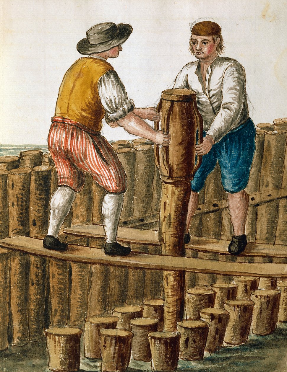 Venetsian laguunin perustusten laskeminen, kuvitus Jan van Grevenbroeckin (1731-1807) käsikirjoituksesta Dress of Venetians, Italia tekijältä Jan van Grevenbroeck