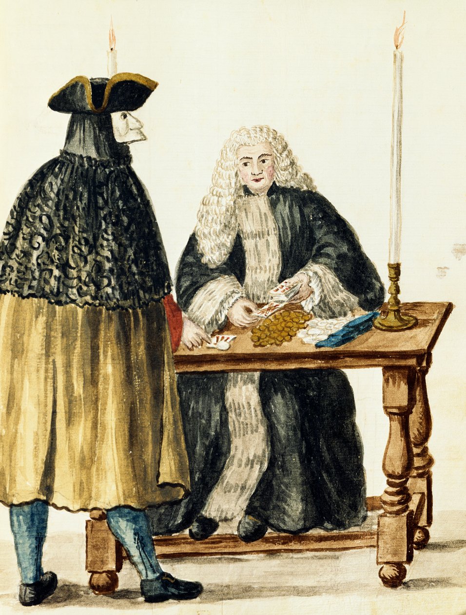 Tuomari pelikorttien kanssa naamioituneen miehen kanssa, kirjoittanut Jan Grevenbroeck (1731-1807), Italia tekijältä Jan van Grevenbroeck