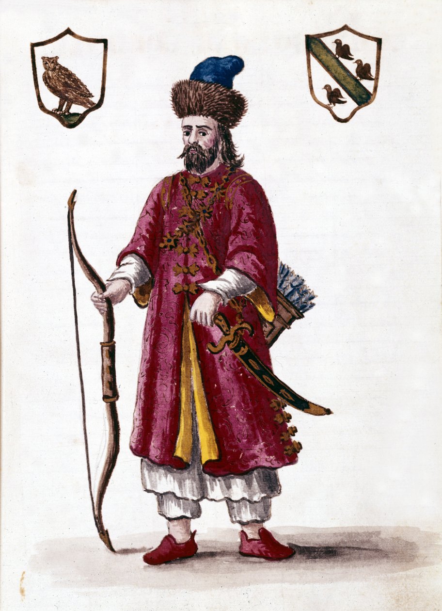 Marco Polo. Akvarellipiirros ja muste Jan van Grevenbroeckin (tai Giovanni Grevembrochin (Grevenbroch) (1731-1807) käsikirjoituksesta "Venitsialaisten tulli") tekijältä Jan van Grevenbroeck