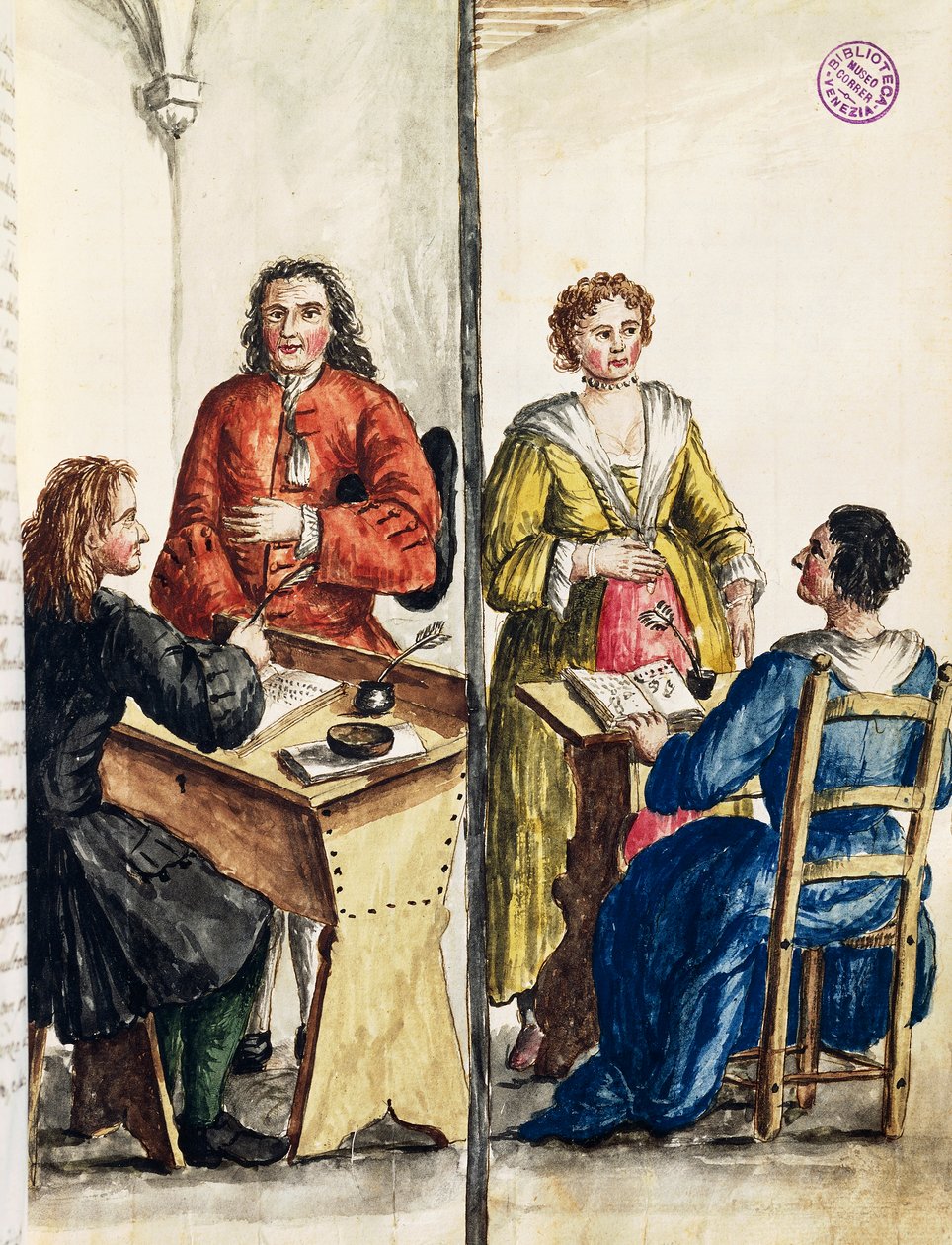 Avioliitto, kuvitus Kuvitetusta venetsialaisten pukujen kirjasta, Jan Grevenbroeck (1731-1807), akvarelli, Italia tekijältä Jan van Grevenbroeck