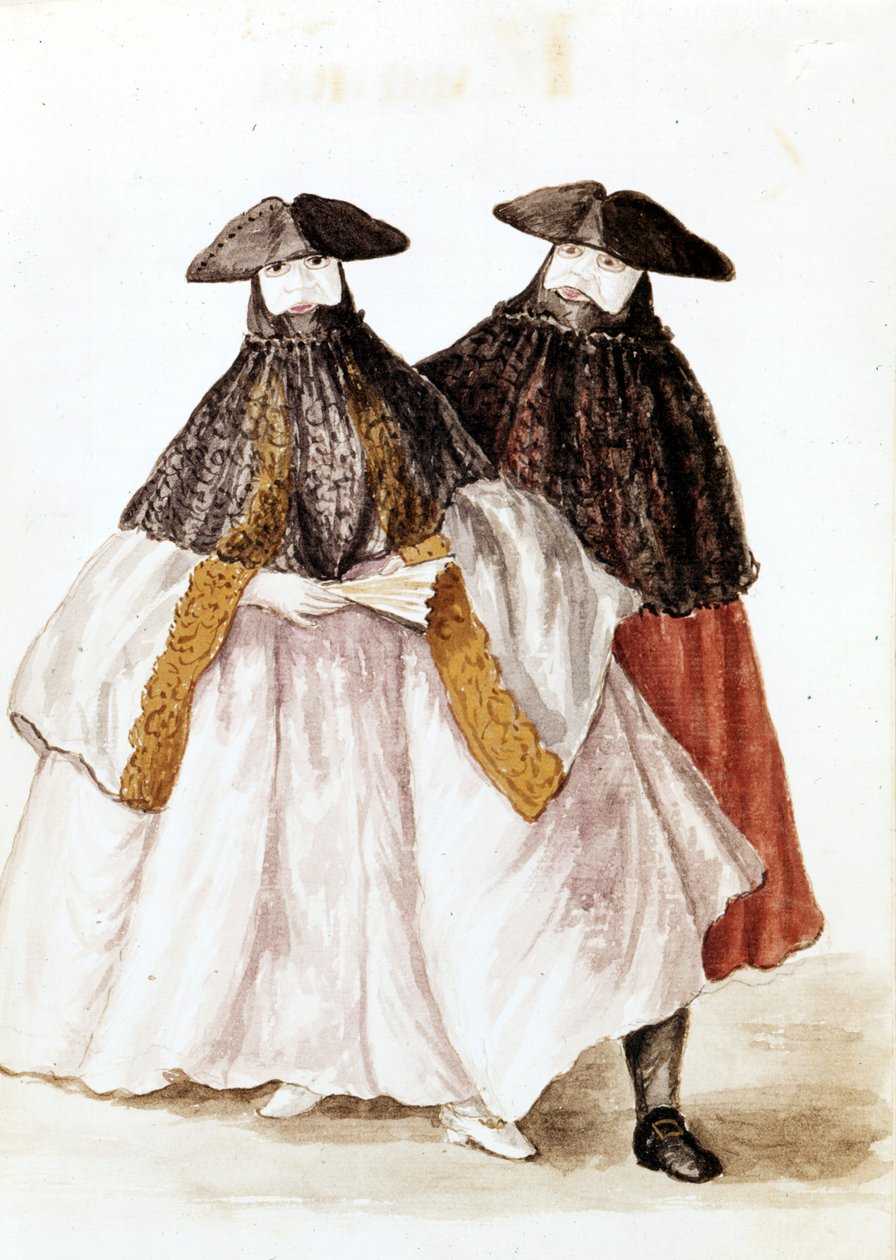 Venetsian karnevaalien naamiot. Akvarellipiirustus ja muste Jan van Grevenbroekin (tai Giovanni Grevenbroichin (Grevenbroich) (1731-1807) käsikirjoituksesta "Venitsialaisten tulli") tekijältä Jan van Grevenbroeck