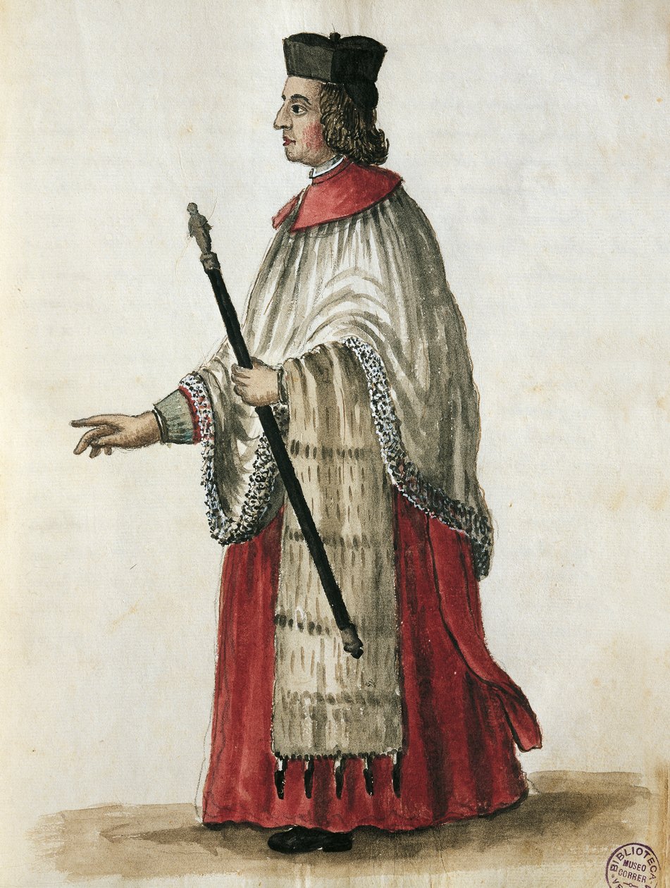 Seremoniamestari Pyhän Markuksen kirkossa, otettu Giovanni di Grevembrochin (1731-1807) Venicensin puvuista Akvarelli tekijältä Jan van Grevenbroeck