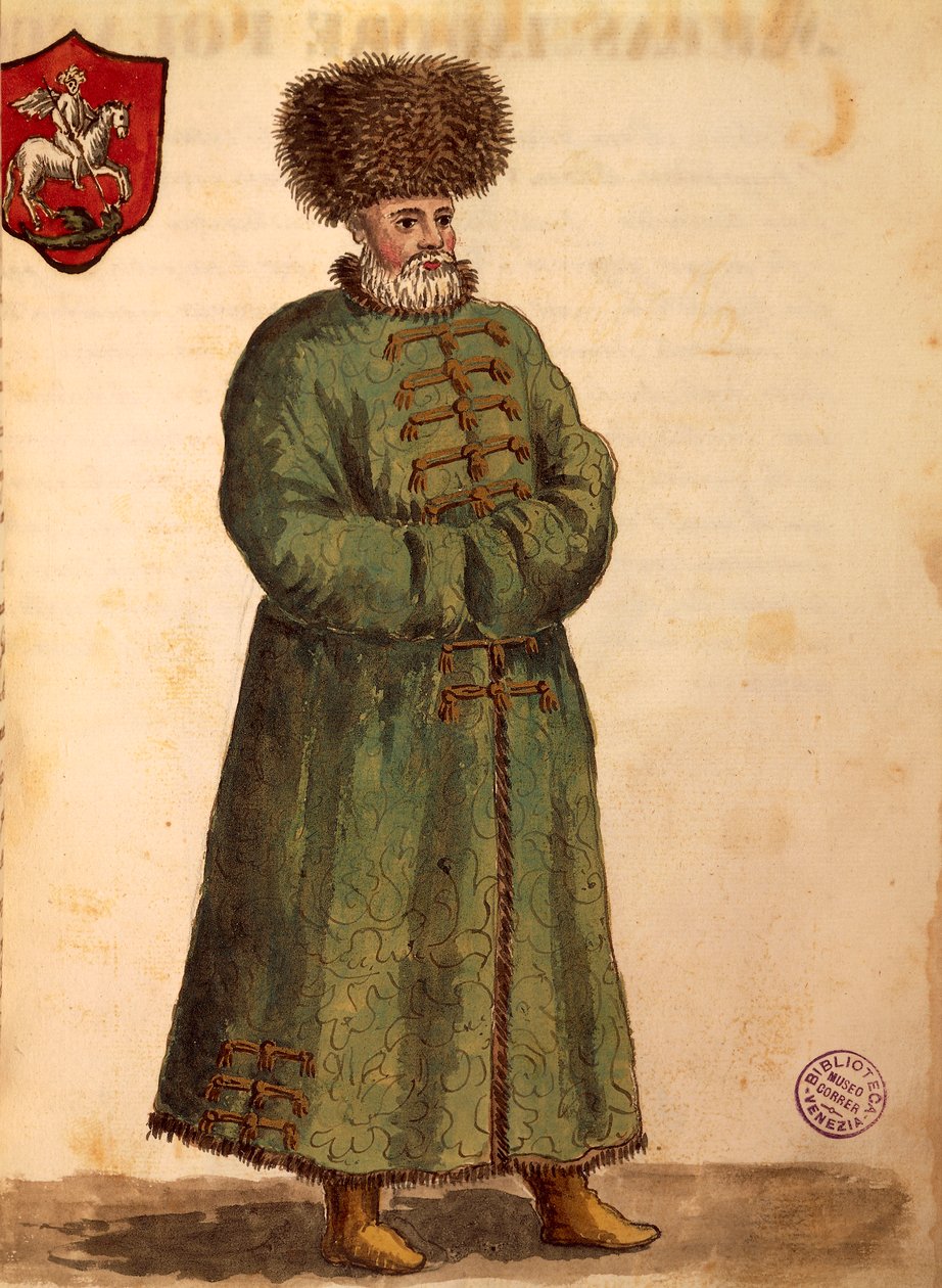 Muskovilaisten suurlähettiläs, Jan van Grevenbroeck tai Giovanni Grevembroch (1731-1807), Gli Donne de Veneziani, kuvitetusta pukukirjasta, akvarelli tekijältä Jan van Grevenbroeck