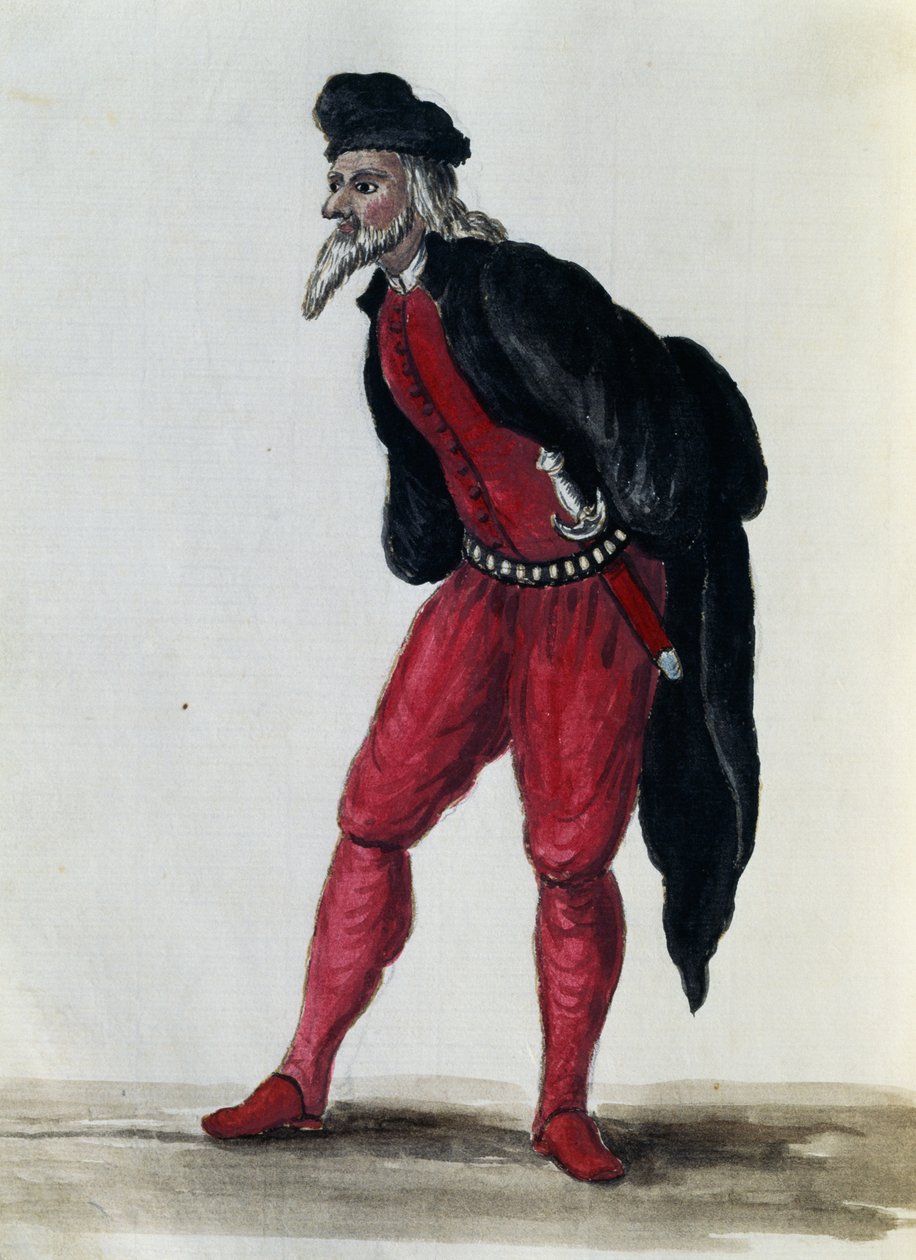 Pantaloon, Venetsian kauppias, kuvitus lähes kaikenikäisten venetsialaisten puvuista, ahkerasti kerätty ja maalattu 1700-luvulla, Giovanni di Grevembroch (1731-1807) tekijältä Jan van Grevenbroeck