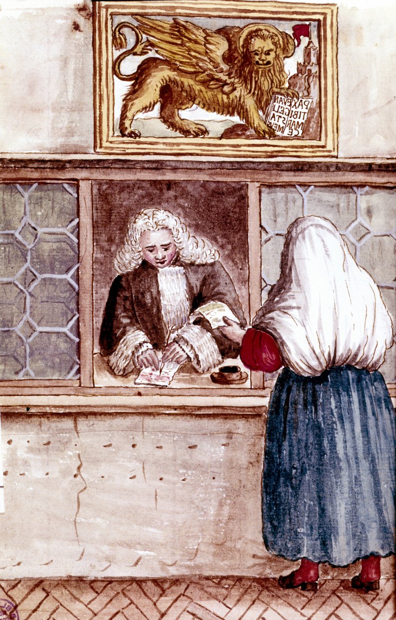 Panttilainaamo. hurskauden vuori Venetsiassa. Akvarellipiirros ja muste Jan van Grevenbroeckin (tai Giovanni Grevembrochin (Grevenbroch) (1731-1807) käsikirjoituksesta "Venitsialaisten tulli") tekijältä Jan van Grevenbroeck
