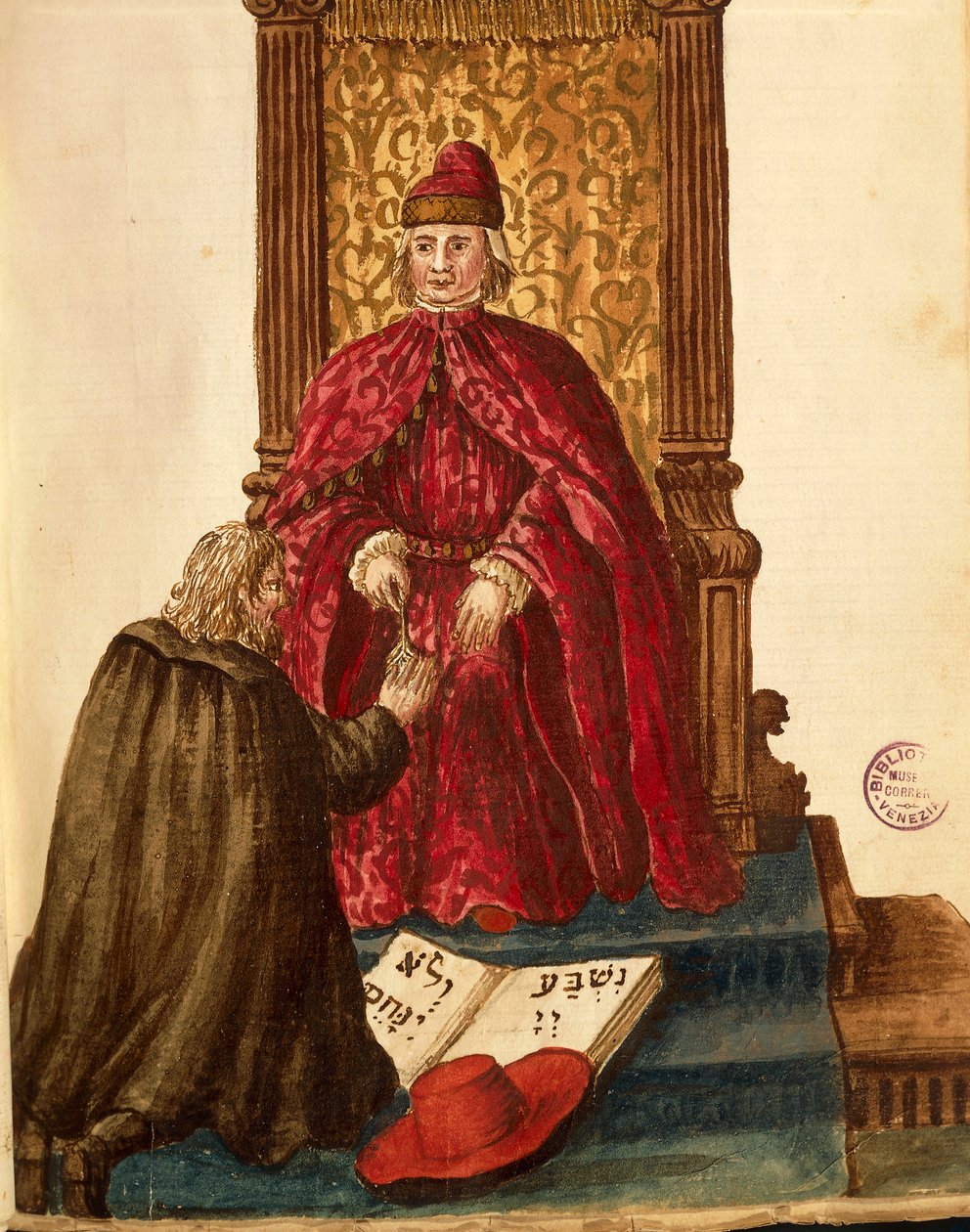 Tasavallan arvomies vannoo uskollisuutta venetsialaiselle dogelle, kirjoittanut Jan van Grevenbroeck tai Giovanni Grevembroch (1731-1807), Gli Abiti de Veneziani, kuvitetusta pukukirjasta, akvarelli tekijältä Jan van Grevenbroeck