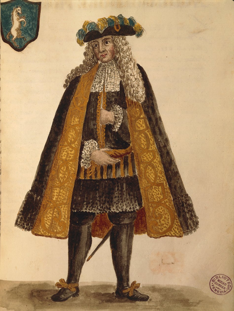 Sardinian suurlähettiläs, Jan van Grevenbroeck tai Giovanni Grevembroch (1731-1807), Gli Abiti de Veneziani, kuvitetusta pukukirjasta, akvarelli tekijältä Jan van Grevenbroeck