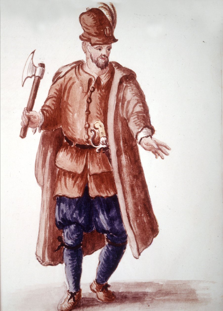 Scapolo di galéa: Palkettu soutukone keittiöissä 1700-luvulla. Akvarellipiirros ja muste Jan van Grevenbroeckin (tai Giovanni Grevembrochin (Grevenbroch) (1731-1807) käsikirjoituksesta "Venitsialaisten tulli") tekijältä Jan van Grevenbroeck