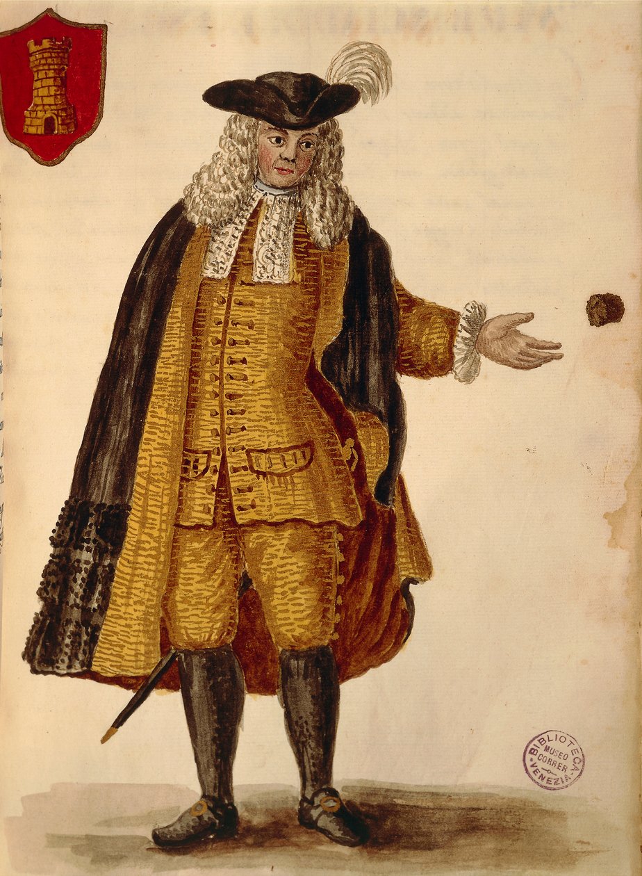 Espanjan suurlähettiläs, Jan van Grevenbroeck tai Giovanni Grevembroch (1731-1807), Gli Abiti de Veneziani, kuvitetusta pukukirjasta, akvarelli tekijältä Jan van Grevenbroeck