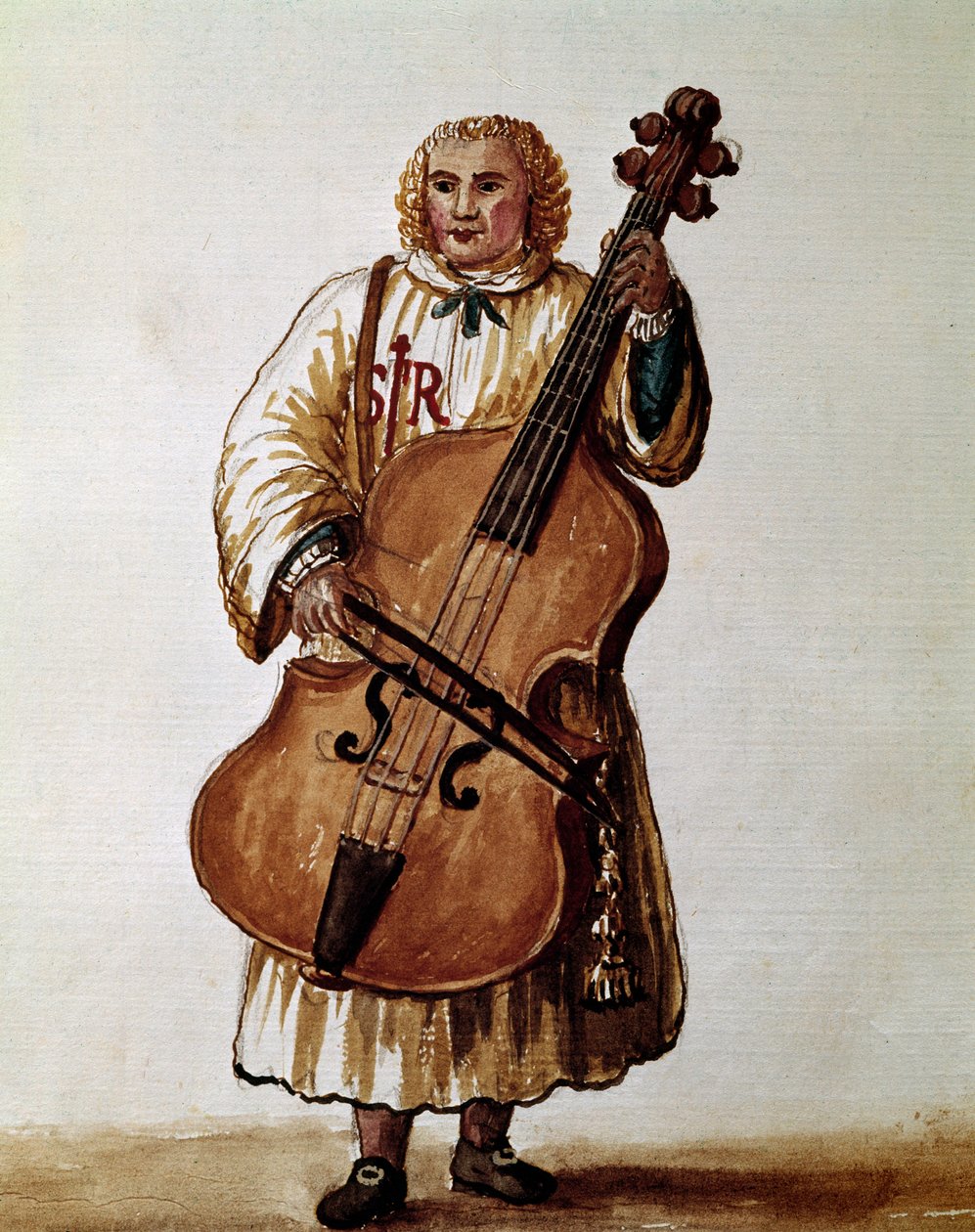 Katumuusikko (Vaeltava muusikko) Akvarellipiirustus ja mustetta Jan van Grevenbroeckin (tai Giovanni Grevembrochin (Grevenbroch) (1731-1807) käsikirjoituksesta "Venitiansen tulli") tekijältä Jan van Grevenbroeck