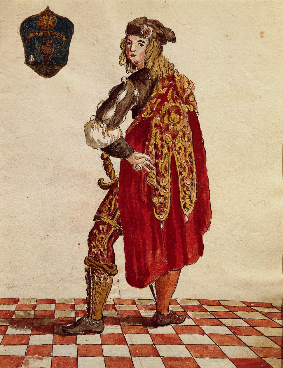 Confraternity de la Calzan ritarin puku (Sukka) vuonna 1564, Jan van Grevenbroeck tai Giovanni Grevembroch (1731-1807), Gli Abiti de Veneziani, kuvitetusta pukukirjasta, akvarelli tekijältä Jan van Grevenbroeck