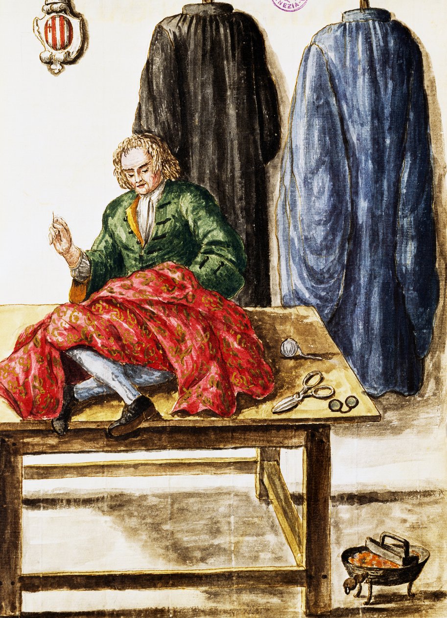 Räätäli, kuvitus Jan van Grevenbroeck (1731-1807) Dress of Venetians -käsikirjoituksesta, Italia tekijältä Jan van Grevenbroeck
