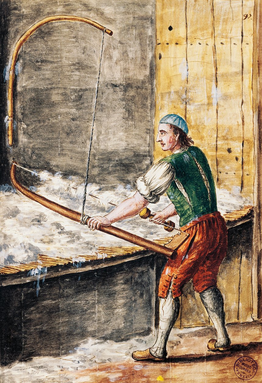 Puuvillan kehrä, kuvitus Kuvitetusta venetsialaisten pukujen kirjasta, Jan Grevenbroeck (1731-1807), akvarelli, Italia tekijältä Jan van Grevenbroeck