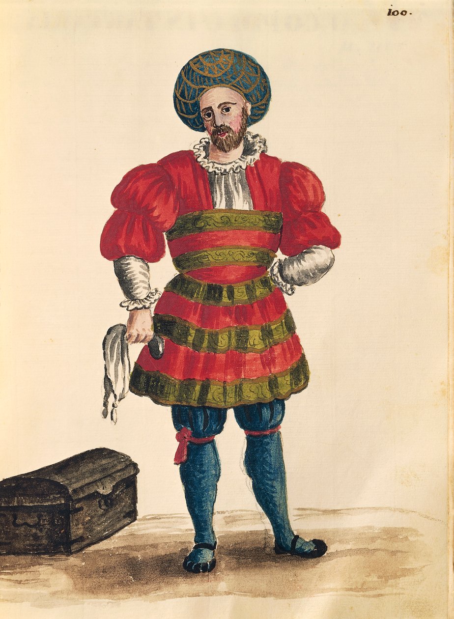 Venetsialaiset vaatteet: Venetsialainen matkailija, Jan van Grevenbroeck tai Giovanni Grevembroch (1731-1807), Gli Abiti de Veneziani, kuvitetusta pukukirjasta, akvarelli tekijältä Jan van Grevenbroeck