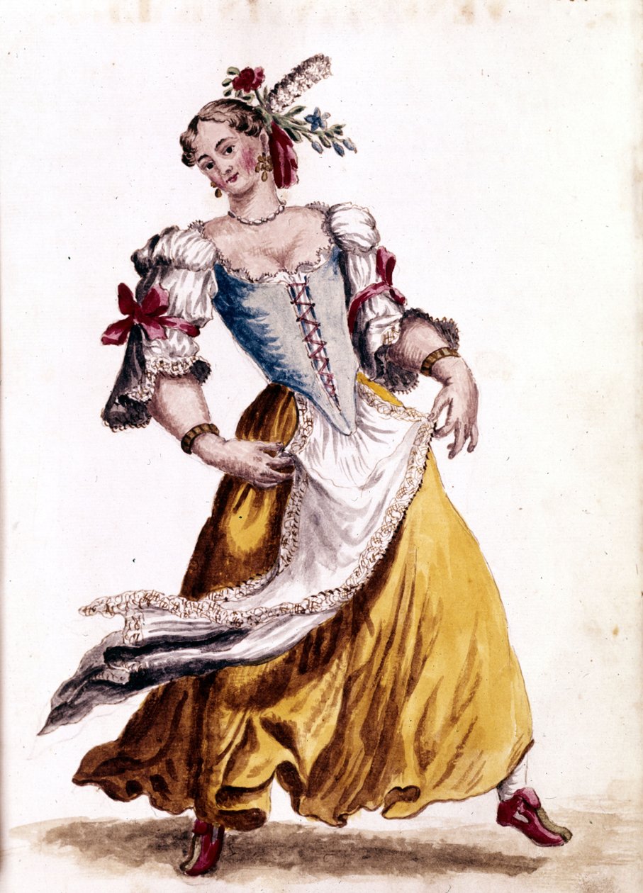 Venetsialaista tanssia. Akvarellipiirustus ja muste Jan van Grevenbroekin (tai Giovanni Grevenbroichin (Grevenbroich) (1731-1807) käsikirjoituksesta "Venitsialaisten tulli") tekijältä Jan van Grevenbroeck