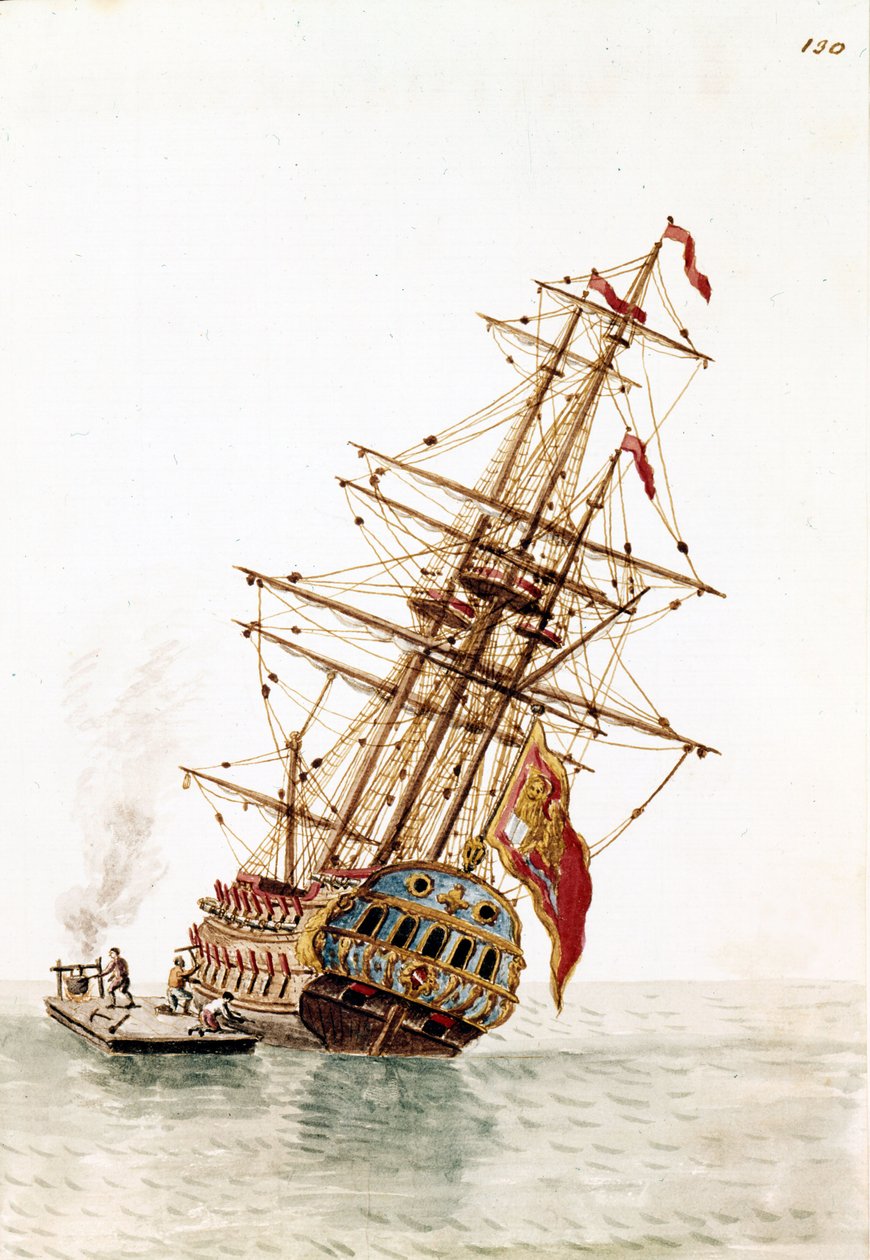 Venetsialainen alus ammuttiin alas runkoon korjattavaksi. Akvarellipiirros ja muste Jan van Grevenbroeckin (tai Giovanni Grevembrochin (Grevenbroch) (1731-1807) käsikirjoituksesta "Venitsialaisten tulli") tekijältä Jan van Grevenbroeck