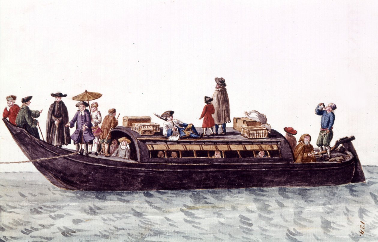 Venetsian laguunivene ihmisten ja tavaroiden kuljettamiseen. Akvarellipiirros ja muste Jan van Grevenbroeckin (tai Giovanni Grevembrochin (Grevenbroch) (1731-1807) käsikirjoituksesta "Venitsialaisten tulli") tekijältä Jan van Grevenbroeck
