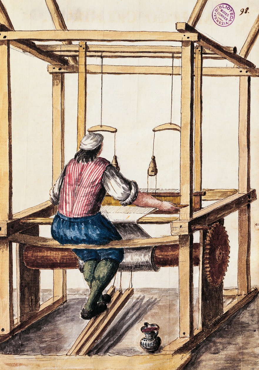 Weaver, kuvitus Jan van Grevenbroeck (1731-1807) käsikirjoituksesta Venetsialaisten mekko, Italia tekijältä Jan van Grevenbroeck