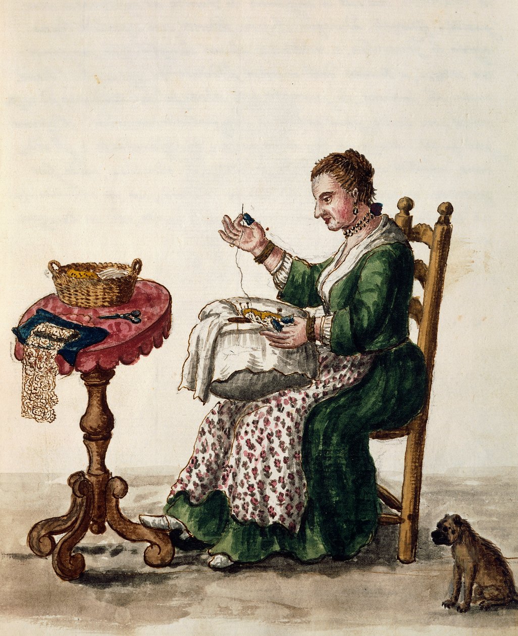 Nainen tekemässä puntoa aria-neulapitsissä, n. 1754, kuvitus kuvitetusta venetsialaisten pukujen kirjasta, osa III, c 147, kirjoittanut Jan Grevenbroek (1731-1807), akvarelli, Italia tekijältä Jan van Grevenbroeck