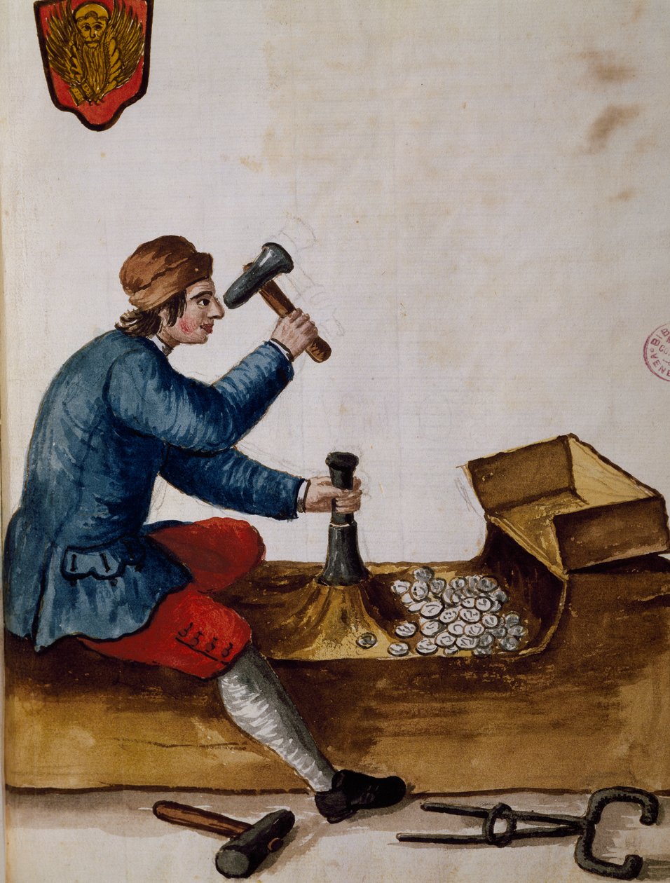 Työntekijä, rahapaja, kuvitus kuvitetusta venetsialaisten pukujen kirjasta, kirjoittanut Jan Grevenbroeck (1731-1807), akvarelli, Italia tekijältä Jan van Grevenbroeck