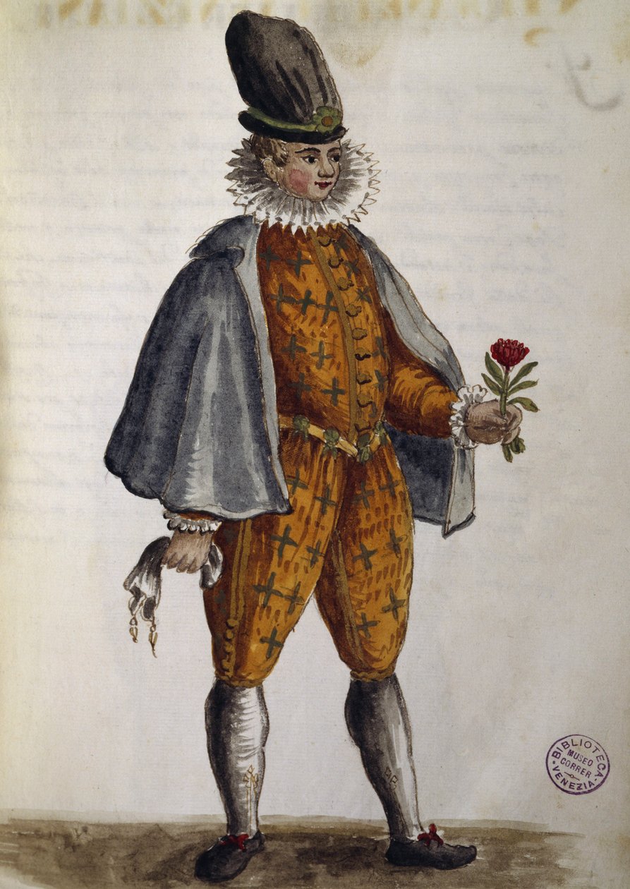 Nuori venetsialainen, akvarelli Venetsialaisista vaatteista, lähes kaiken ikäisenä ahkerasti kerätty ja maalattu 1700-luvulla, Jan van Grevenbroek tai Giovanni Grevenbroich (1731-1807), Italia tekijältä Jan van Grevenbroeck