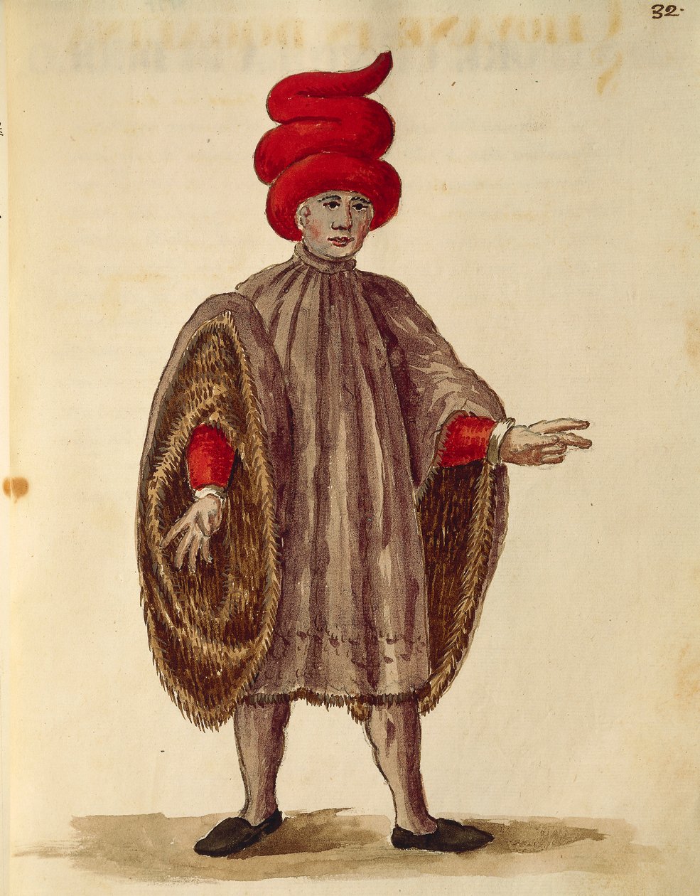 Nuori mies yllään "Dogalina", juhlavaate leveillä hihoilla, Jan van Grevenbroeck tai Giovanni Grevembroch (1731-1807), Gli Abiti de Veneziani, kuvitetusta pukukirjasta, akvarelli tekijältä Jan van Grevenbroeck