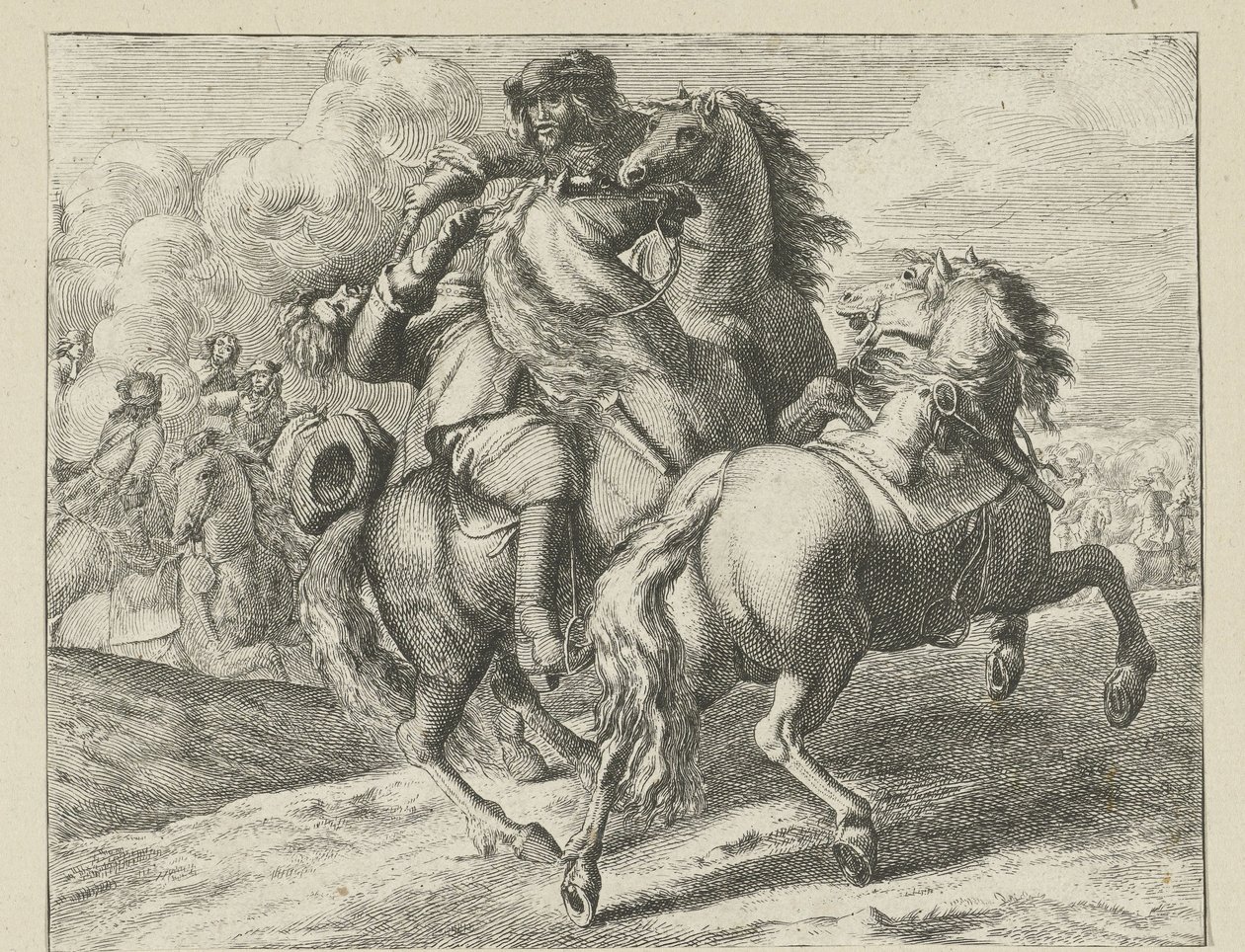 Sotilas ammuttiin hevosen selässä Ratsuväkikohtaukset (sarjan nimi) tekijältä Jan van Huchtenburg (possibly copy after)