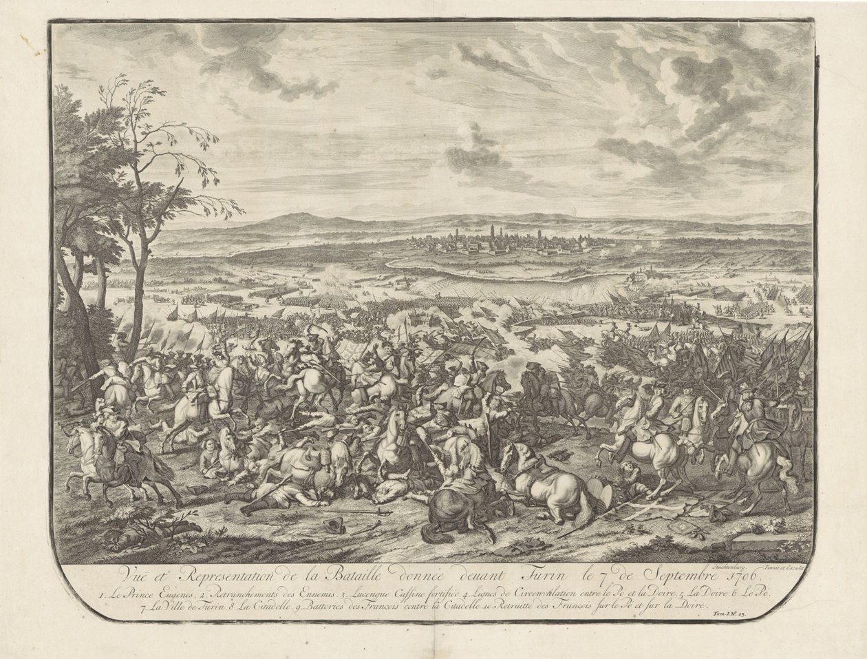 Ontzet van Turijn, 1706 Näkymä ja esitys Torinon edessä 7.9.1706 annetusta taistelusta (otsikko esineessä) tekijältä Jan van Huchtenburg