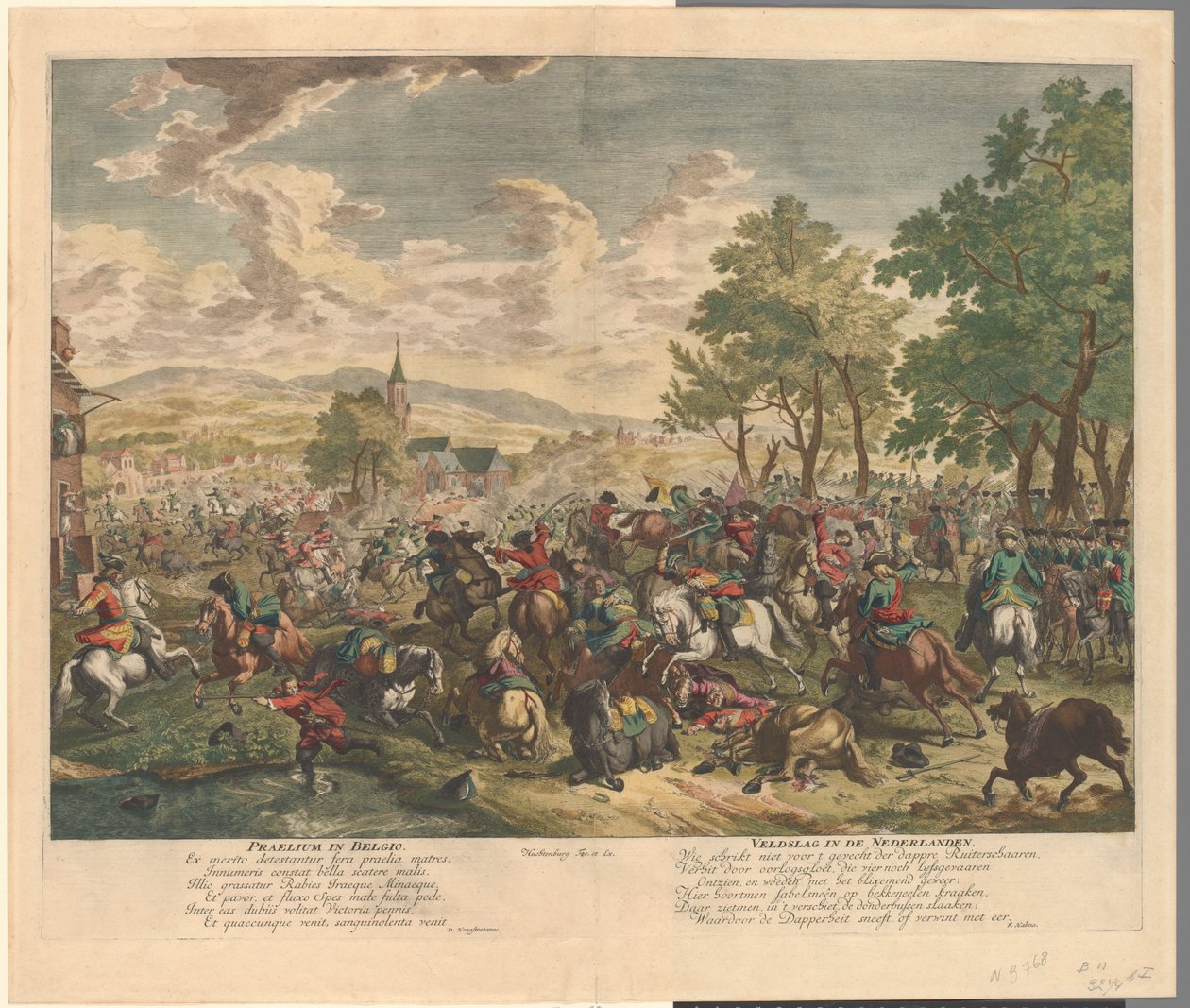 Ratsastustaistelu, noin 1702 Praelium Belgiassa / Alankomaiden taistelu (otsikko esineessä) tekijältä Jan van Huchtenburg